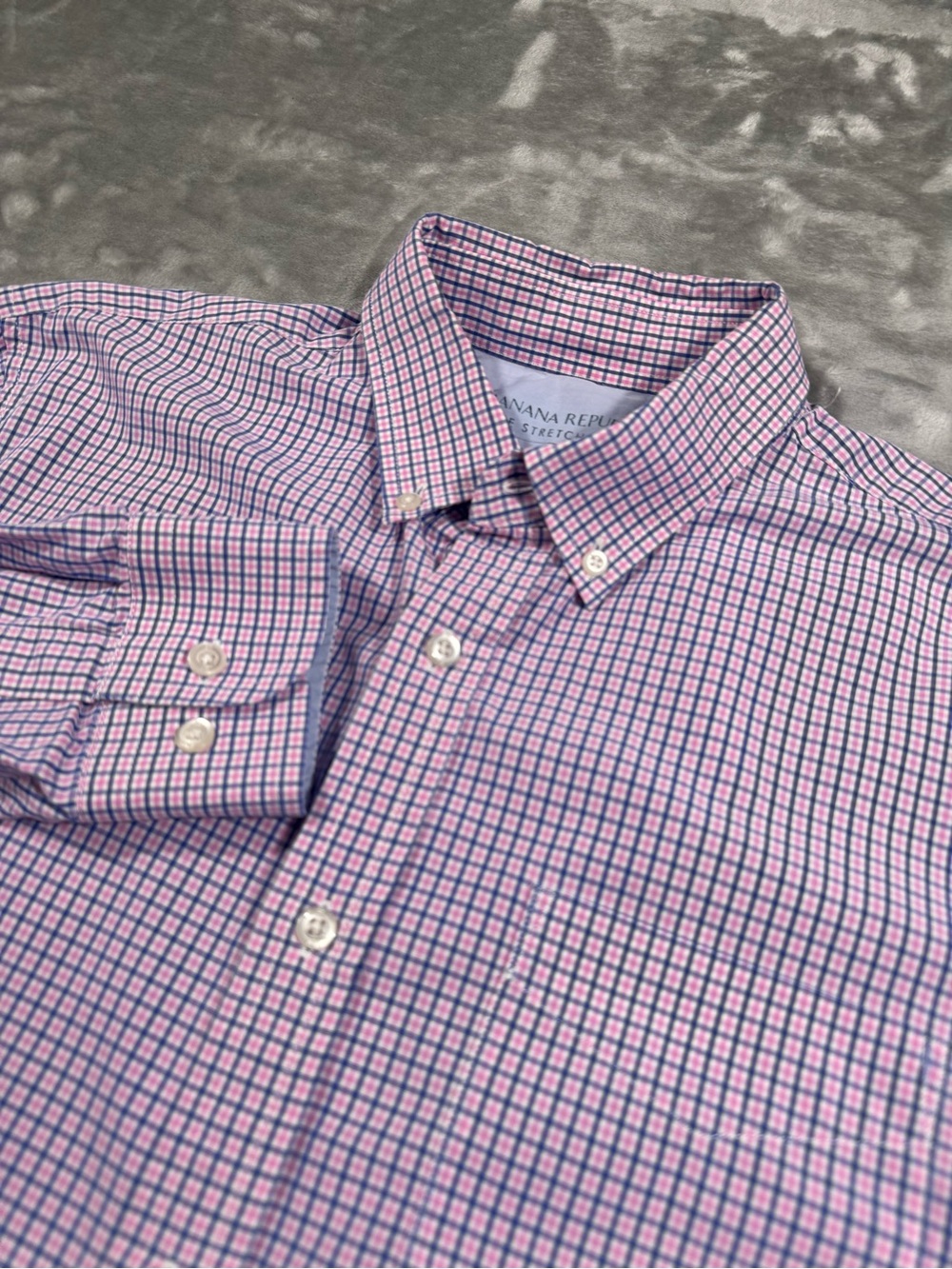 Banana Republic Shirt Mens L Pink Blue Check Luxe Stretch Poplin Grant Slim Fit